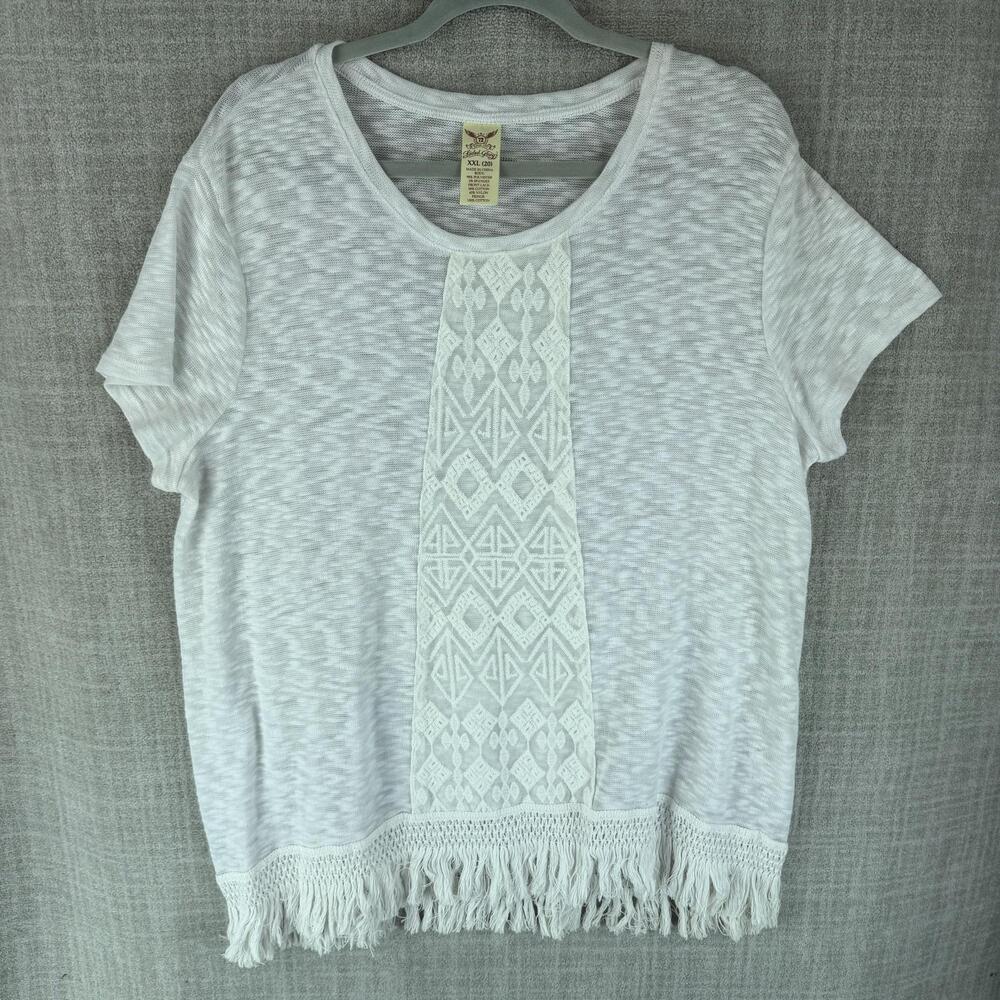 Faded Glory T-Shirt Womens 2XL White Fringe Crochet Knit Relaxed Casual